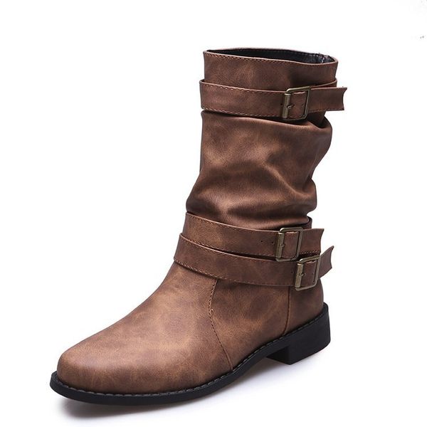 2022 Retro Corky Heel Platform Women Boots Независимая станция круглая голова с низкой каблукой дымовая трубка мотоцикл большой размер 35-43