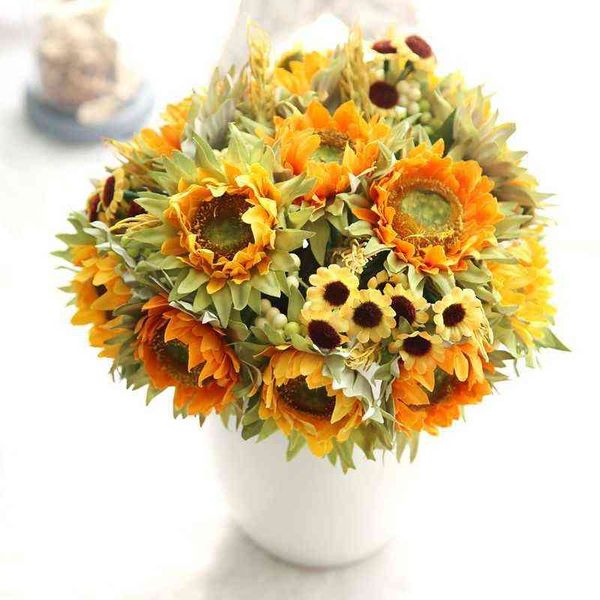 Faux Floral Greenery Autumn Decoration 5 Heads Bouquet de flores artificiais de seda de girassol amarelo para decoração de decoração para casa decoração de jardim J220906