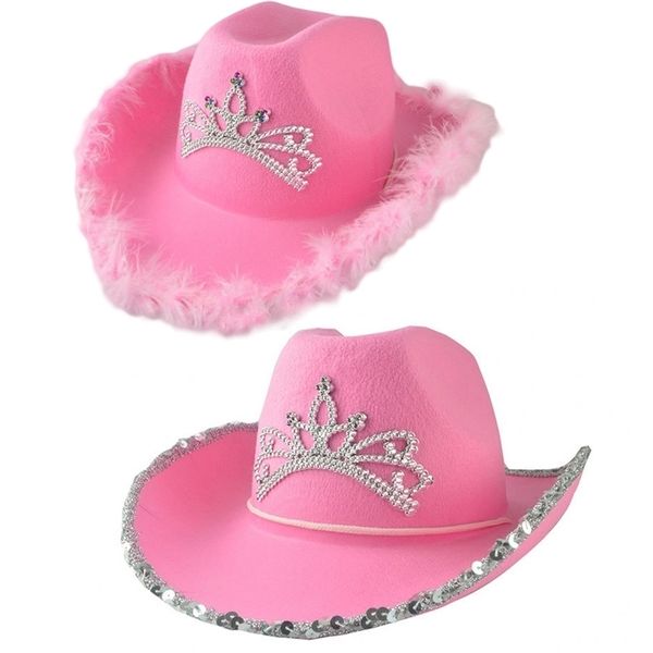 Cappelli a tesa larga Corona Cappellini da cowboy rosa Cappello da cowgirl occidentale per donna Ragazza Bordo in piuma Paillettes lucide Tiara Cappelli da cowgirl Cappellino fedora da festa 220907