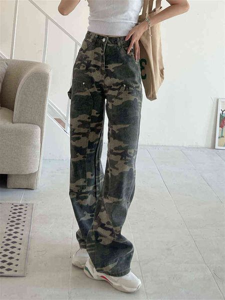 Damenjeans Irabeezt Cool Hot Girl Jeans Frauen Retro American Army Green Camouflage Jeans Weiblich Lose Hohe Taille Breites Bein Gerade Hose T220825