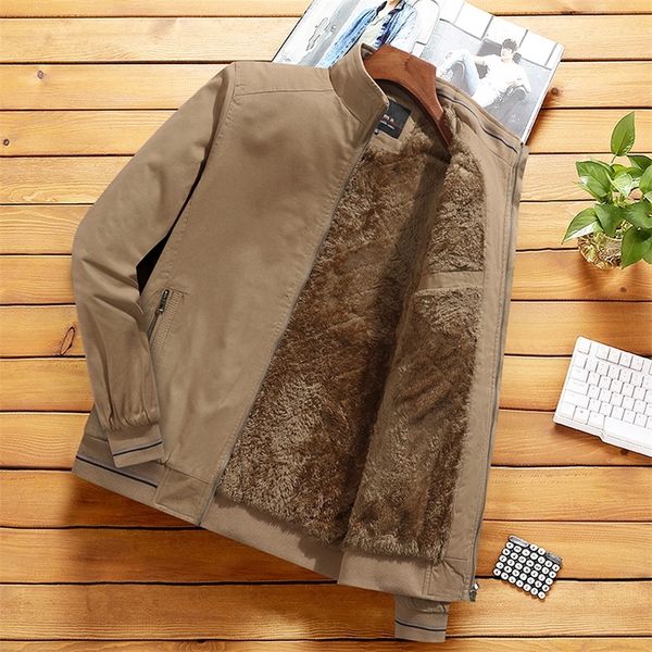 Herren Jacken Khaki Mode Kleidung Stehkragen Fleece Gefüttert Warm Mantel Streetwear Casual Pelz Mäntel 220907