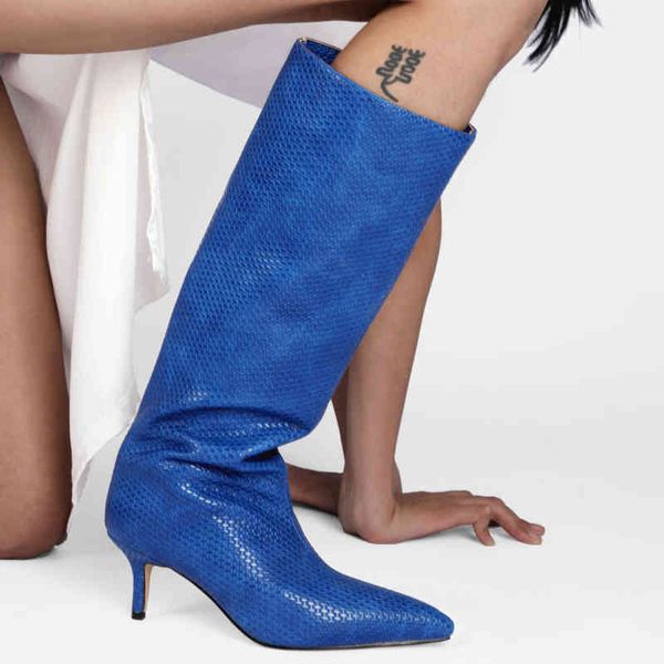 Botas Arden Furtado 2021 Moda Spring Sapatos femininos elegantes Serpentine Stilettos Saltos de joelho azul royal Botas altas 43 220906
