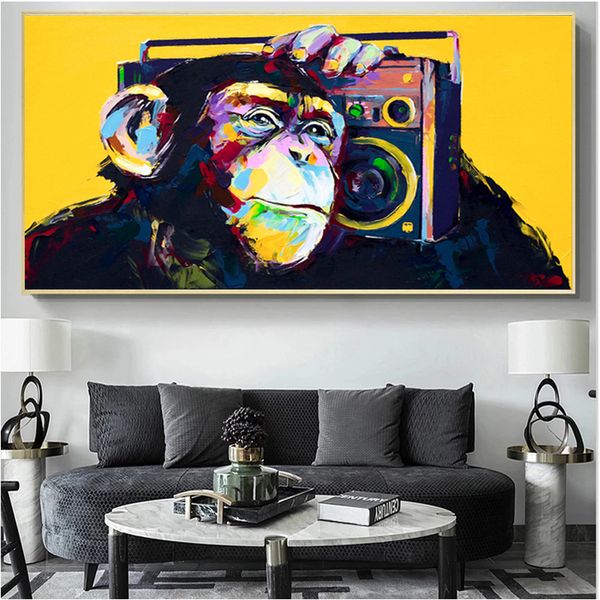 Canvas pintando macaco animal moderno ouvindo pôsteres de música e impressões de arte de parede para a sala de estar decoração caseira cuadros