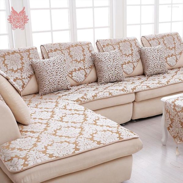 Stuhlhussen Europa-Stil Beige Floral Jacquard Frottee Sofabezug Plüsch Schonbezüge für Winter Canape Capa Para SP3642