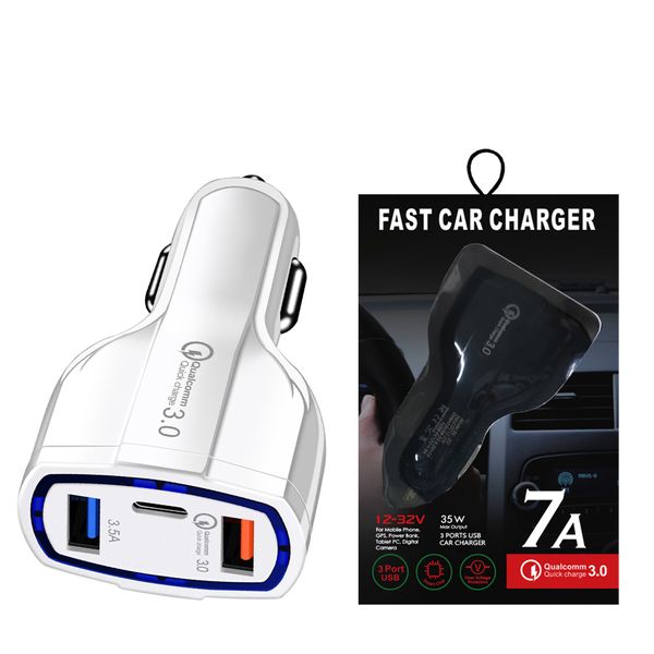 Carregador de carro Tipo C 3 em 1 USB 3A PD Charge Quick Charge qc 3.0 Fast Charger Telefone Adaptador para Samsung Xiaomi iPhone Android