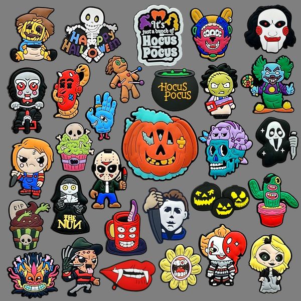 Halloween MOQ 1000 pçs atacado croc Charms 2D Soft pvc filmes horríveis Acessórios de sapato tamanco fivelas de sapato Decorações fit pulseiras infantis sandálias suprimentos de festa