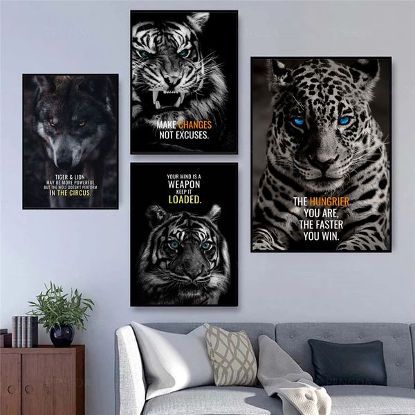 Dipinti su tela Ispirazione Animali Motivazione Citazione Tiger Dog Poster Stampe Immagini a parete per soggiorno Parete Home Decor Cuadros