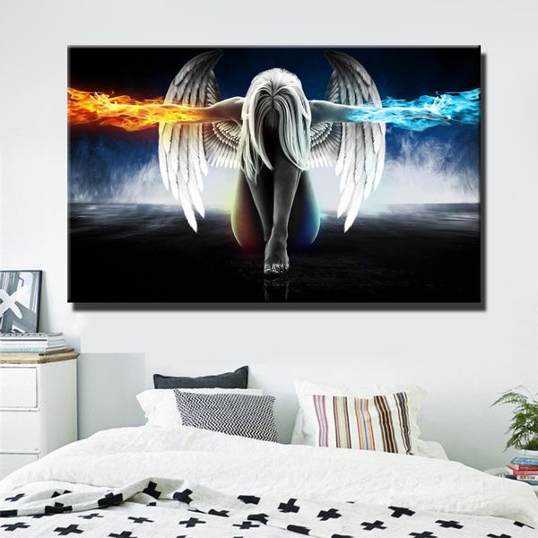 Cavans Gemälde Anime Engel Mädchen Flügel Eis und Feuer Poster und Drucke Wandkunst Bild für Wohnzimmer Heimdekoration Cuadros