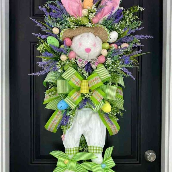 Fiori decorativi Ghirlande Ghirlanda di Pasqua Porta Appeso Decor Primavera Coniglio Uovo di gallina Farfalla Ghirlanda Casa Gardern Decorazioni per feste di Pasqua Anello di fiori T220905