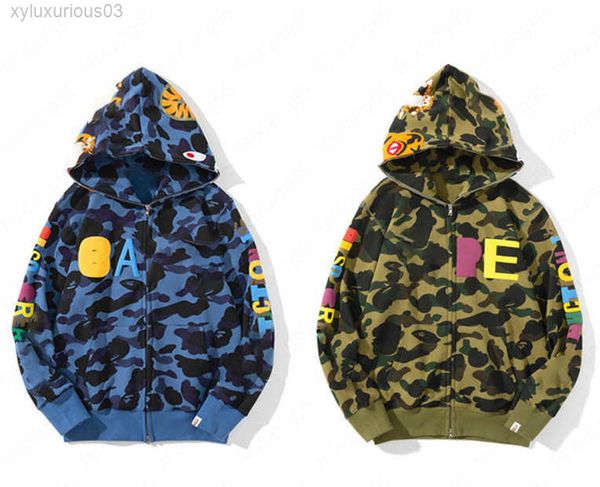 Felpa con cappuccio da uomo di alta qualità giapponese Tide Brand Ape-man Head Shark Joint Tiger Foam Letter Camouflage Sweater Zipper Jacket