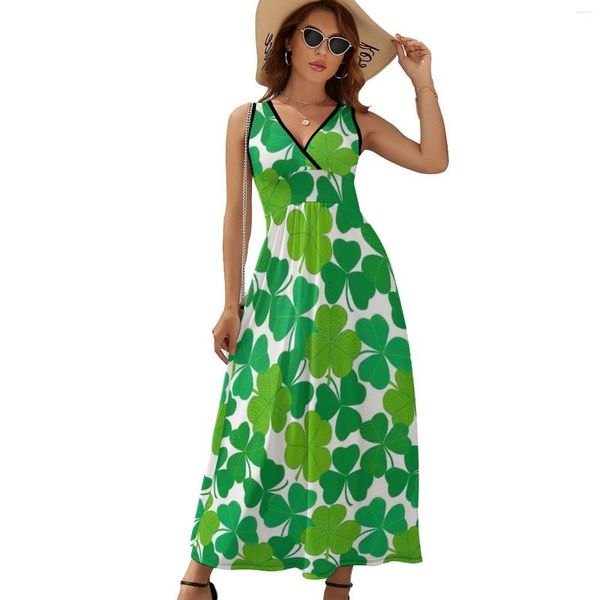 Abiti casual Abito con stampa trifoglio Celebra il giorno di San Patrizio Maxi grafica vintage Boho Beach Abbigliamento da strada lungo Vestido di grandi dimensioni