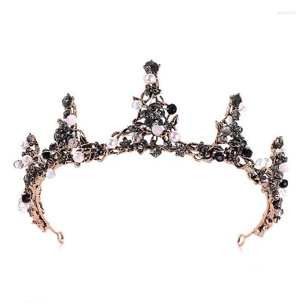 Başlıklar Barok Vintage Siyah Kristal Boncuklar İnciler Gelin Tiaras Crown Rhinestone Diadem Pageant Taçlar Gelin Head Band Düğün H lxh