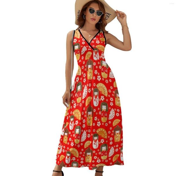 Abiti casual Cute Japanese Anime Dress Dolls Kokeshi Pattern Modern Maxi High Waist Street Fashion Bohemia Long Print Vestido