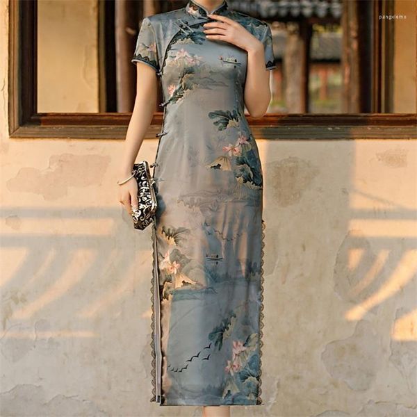 Этническая одежда длинная атласная женщина Slim Cheongsam Plus Size 3xl 4xl Print Flower Qipao Темно -зеленый вечерний платье для вечеринки с коротким рукавом лето