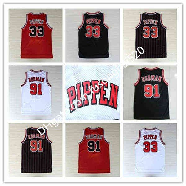 Retro # 23 Michael 45 91 Rodman 33 Pippen Maglie Bianco Rosso Nero Strisce cucite Camicie da basket Spedizione veloce