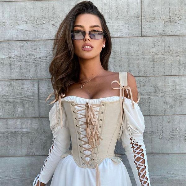 Bustini Corsetti Wsevypo Corsetto con spalline da donna Cross Lace-Up Senza maniche Waspie Girdle Cinch Bustier Canotte Accessori Albicocca/Esercito