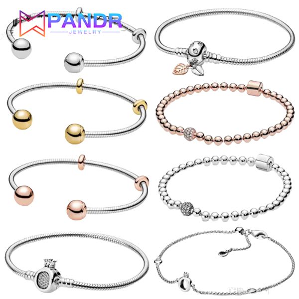 2022 Nuovo popolare popolare S925 Sterling Sterling Shining Leafugh Rose Rose Crown Wishbone Heart Lady Panandora Charm Bracciale Gioielli