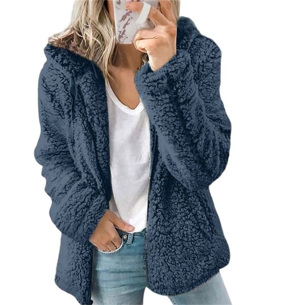 Frauen Pelz Faux Frauen Herbst Winter Jacke Weiblichen Mantel Kausalen Weiche Kapuze Fleece Plüsch Warme Plus Größe Flauschigen Zipper top Sudadera 220906