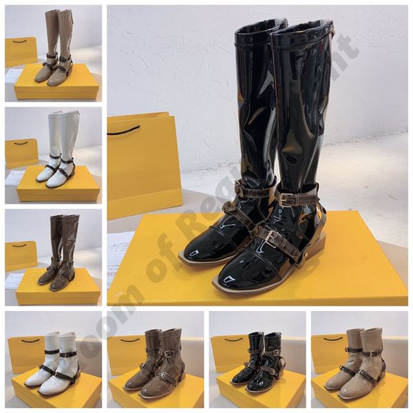 cinturino avvolgente Stivali da motociclista Ginocchio Caviglia Stivale da donna in pelle verniciata elastica con tacco basso punta tonda Chelsea Designer stivale moda scarpe Chunky bianco nero grigio suole spesse