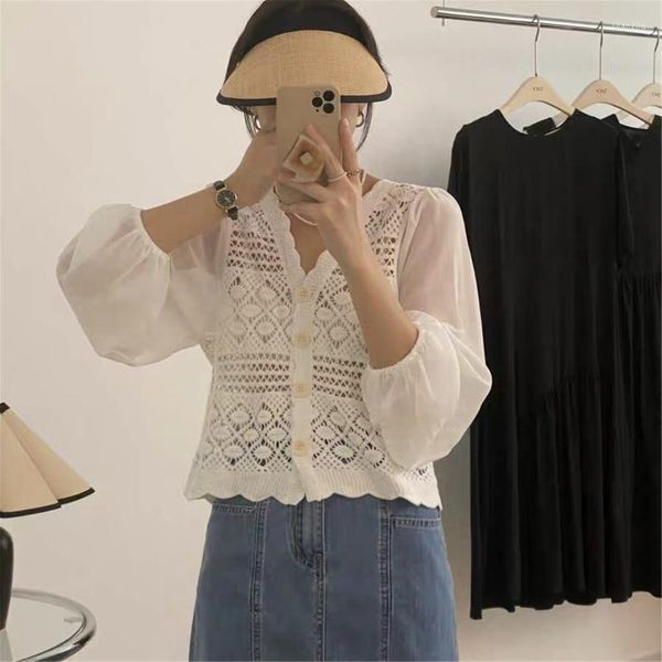 Blouses feminina Mulheres Summer Summer Spring Chiffon Puff de manga comprida Cardigan Crop top