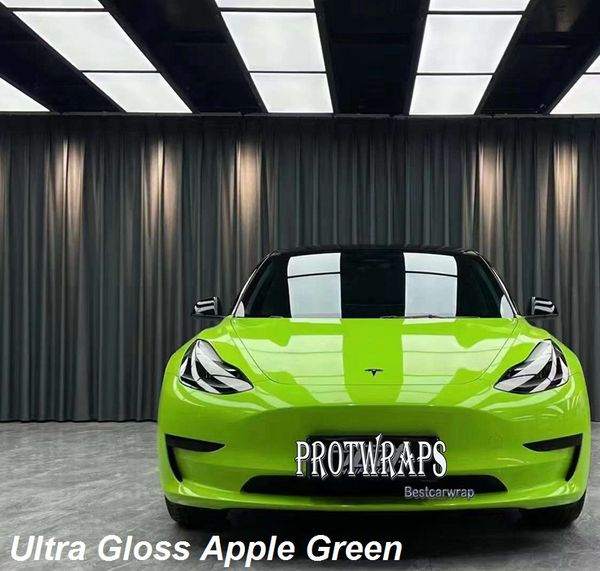 Premium Ultra Glossy Apple Green Vinyl Sticker Цельная блестящая обертка автомобиля с пленкой с выпуском воздуха Начальная низкоклетная клея самостоятельная клейкая фольга 1,52x20m 5x65ft