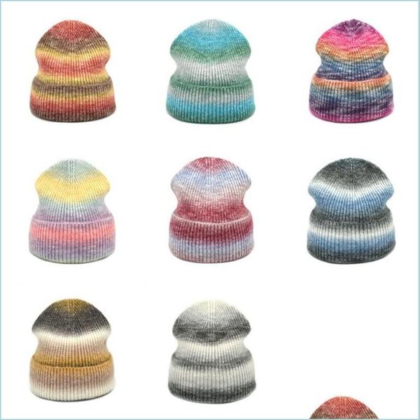 Beanie/Skull Caps Tie Dye Skl Caps Beanie Donna Uomo Berretti lavorati a maglia Inverno Arcobaleno Cappello caldo Uomo Outdoor Casual Cap Ragazzi Gir Lulubaby Dhaxv