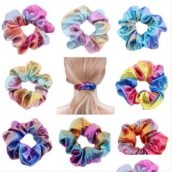 Pferdeschwanzhalter Haargummis Ring Pferdeschwanzhalter Frauen Glänzende elastische Laser Scrunchies Mädchen Haarband Seil Scrunchie Kopfbedeckung Scrunchy Dh62J