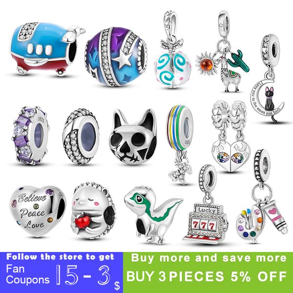 925 Perline con ciondoli in argento Ciondola Dinosauri Moon Cat Amore simmetrico Branello Pandora Charms Bracciale Accessori per gioielli fai da te