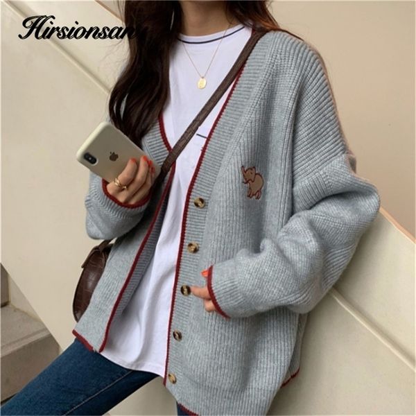 Maglioni da donna Hirsionsan Cardigan lavorato a maglia con scollo a V Donna Primavera Elefante Ricamo Maglione grafico Chic Abbigliamento da donna oversize coreano 220906