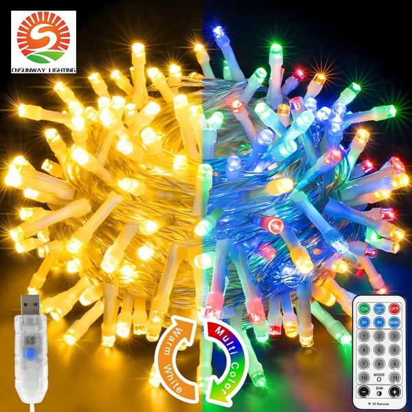 CNSUNWAY 10M 100LED Fairy F5 Stringhe LED Luci Telecomando alimentato tramite USB con 11 modalità Dimmerabile Funzione di memoria temporale Decorazione festa di Natale RGB Bianco caldo