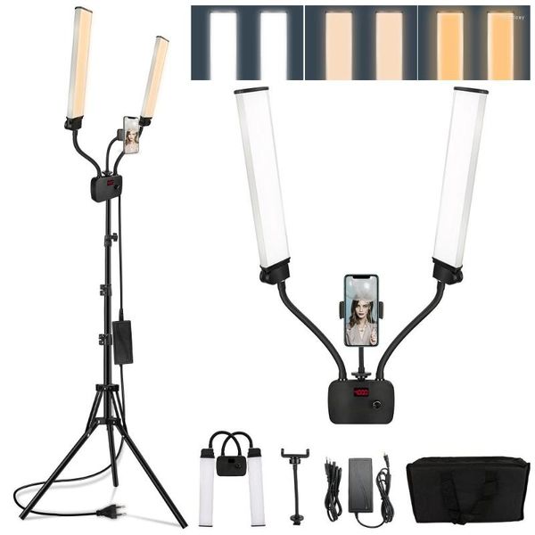 Cabeças de flash braços duplos led preenchem luz pó estúdio longa lâmpada de anel com tripé LCD Screen 3200-5600K Lighting de selfie pográfico