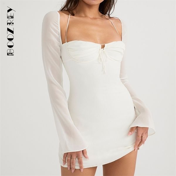 Платье с двумя частями Boozrey Sexy Chefon Mesh Mini Женщины с низким содержанием нарезки с твердым рукавом белый клуб белый клуб Babydoll Bodycon 220906