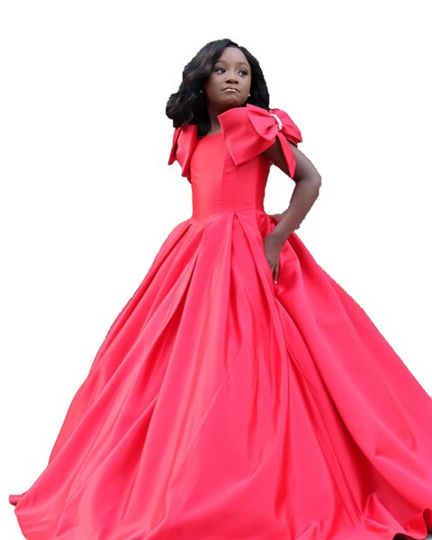 Satin Girl Pageant Dress 2023 Bow Pocket Ballgown Drappeggiato Duchessa Satin Little Kid Compleanno Abito da festa formale Toddler Teens Preteen Water Melon Red Purple Flower-Girl