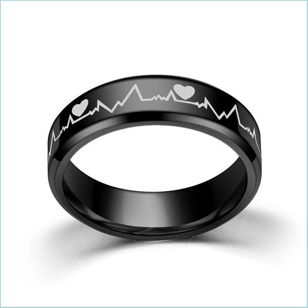 Bandringe, personalisierte Edelstahl-Bandringe, hochglanzpoliert, schwarzes Herzschlag-EKG-Design für Männer, Hochzeitsgeschenke 5–12 113 Vipjewel Dhjzy