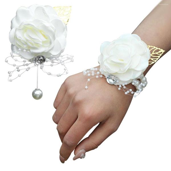 Dekorative Blumen Hochzeit Handgelenk Blume Rose Band Strass Braut Corsage Armband Armband Brautjungfer Zubehör