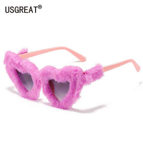 Occhiali da sole 2022 New Fashion Peluche Occhiali da sole a forma di cuore Donne Hairy Soft Occhiali da sole Lens Frame Divertente Party Holiday Cute Casual Eyewear T220831