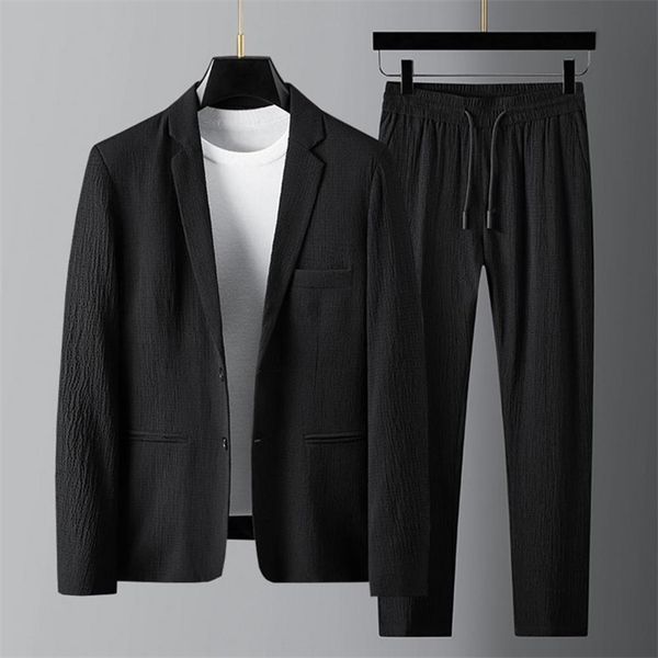 Mens trechos da primavera Moda do verão Men Blazer calça listras pregas de manga comprida Casaco de colarinho de colar