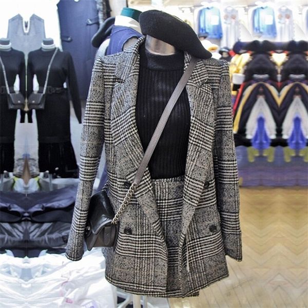 Zweiteiliges Kleid Frühling Herbst Stücke Set für Frauen Plaid Tweed Langarm Umlegekragen Jacke Mantel Miniröcke Shorts Anzug weiblich 220906