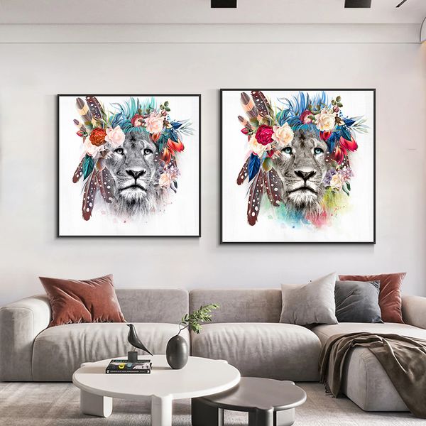 Tuval resim aslan başlık çiçek çelenk modern İskandinav hayvan duvar sanat posterler ve oturma odası için baskılar ev dekor