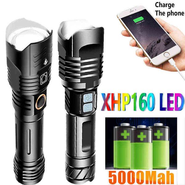 5000mAh XHP160 Lanterna LED mais poderosa Uso de luz de trabalho 18650 Lanterna recarregável USB XHP50 XHP100 Lanterna de caça ao zoom J220713