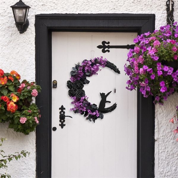 Faux Floral Greenery Moon Shaped Door Whrefls Decorações de férias Halloween Bem -vindo sinal Goth Roses Cats pretos Garland Door da frente Ornamento #T2G 220908