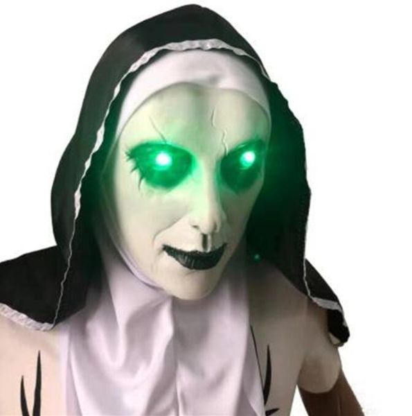 Super gruselige realistische Latex-Halloween-Nonnenmasken mit LED-Leuchten, rotes Licht, Party-Maske, Kostüm, Cosplay, Masken, Horror-Requisiten, leuchtende Maskerade-Helmkappe