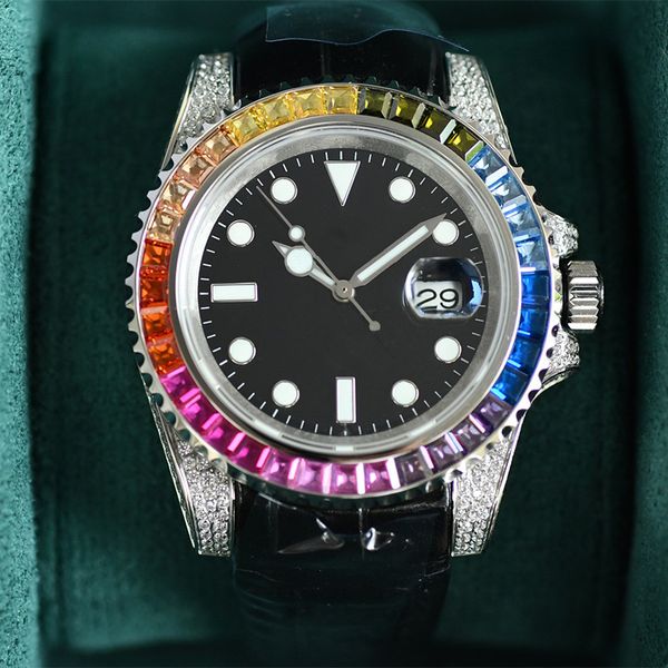 Assista Diamond Mens Relógios Rainbow Wristwatch Automático Mecânica de 40 mm Relógios de pulseira Sapphire Leather Strap Montre de Luxe