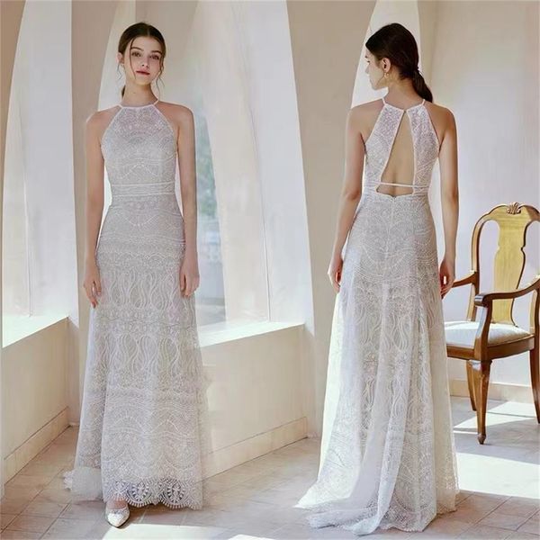 Abito da sposa leggero retrò senza schienale in pizzo senza schienale in stile Boho LD8018