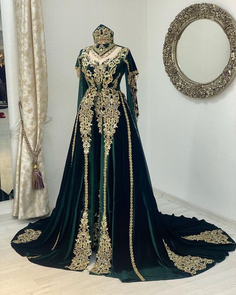 Hunter Green Green Borgonha Velvet Prom Vestido formal com Cape Jacekt Marroquino Caftan Gold Lace Siestado Vestido de noite ￡rabe ￡rabe