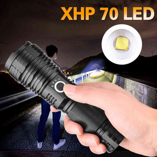 Flashlight LED ad alta potenza Zoom Zoom impermeabile tattico XHP 70 5 Modalità USB USB Flashlight Flash Light Lantern 26650 Batteria J220713
