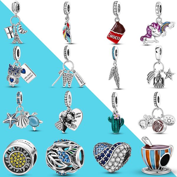 925 Perline di fascino d'argento Ciondola Unicorno Cioccolatini Tazza di caffè Spazzolino da denti e dentifricio Ciondolo Bead Fit Pandora Charms Bracciale Accessori gioielli fai da te