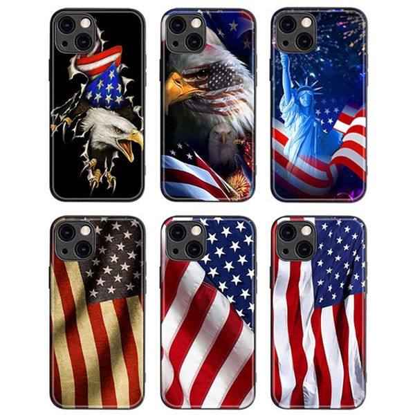 Handyhüllen aus gehärtetem Glas für iPhone 14 Pro Max 13 12 11 XS XR X 14Plus Mode Vereinigte Staaten Nationalflagge Harte Rückseite Handyhülle
