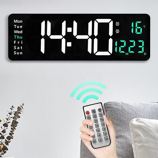 Relógios de parede grande relógio digital Controle remoto Temperada Data da semana Exibir energia Off Memória Tabela de memória LED de alarmes duplos montados na parede