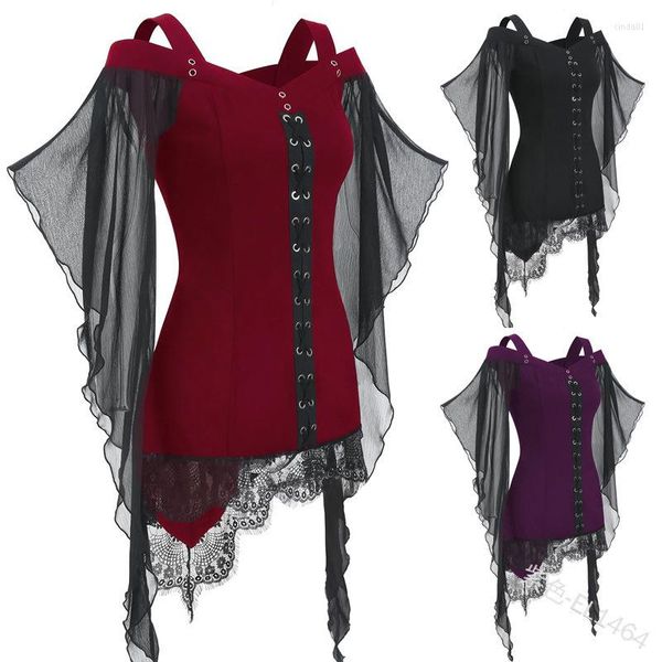 Damen Blusen Halloween Hexe Neckholder Top Mittelalter Steampunk Schnürhemd Bandage Weste Bühne Wikinger Pirat Cosplay Kostüme